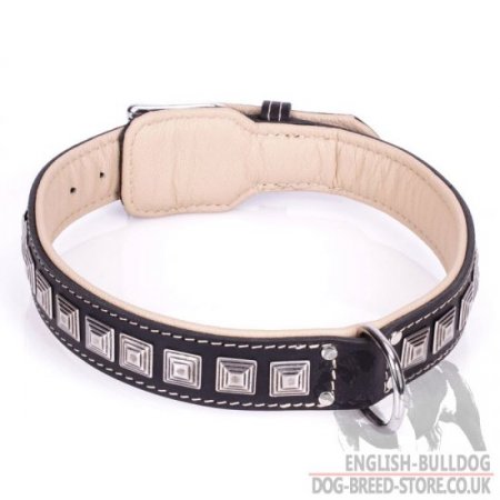 Dog Collar for English Bulldog "Pyramid" of Black Leather